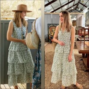 Mirth Copacabana Midi Maxi Sleeveless Cotton Silk Dress Ivory Coral Green XS